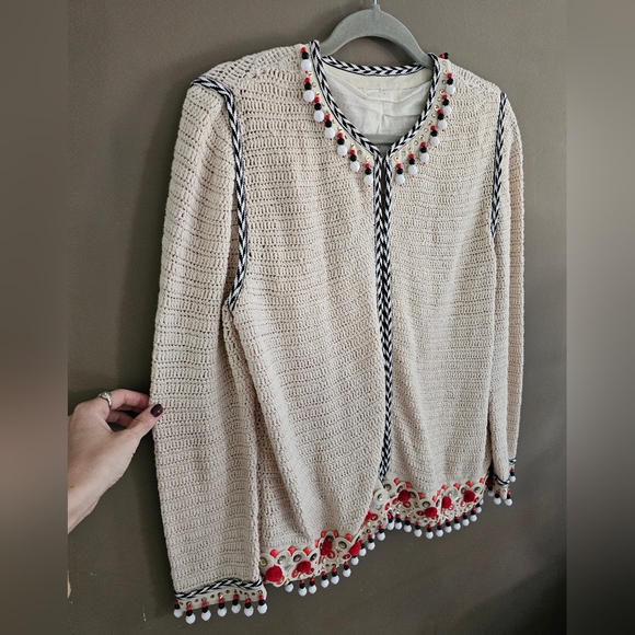 Tory Burch Embellished Linen Jacket Blazer Woven Jewelled Pom Pom Sweater - Picture 5 of 13